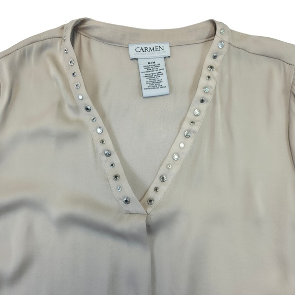 Carmen Marc Valvo V Neck Embellished Long Sleeve Blouse Top M M Beige Polyester - Picture 2 of 9